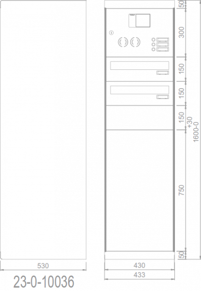 RENZ eQUBO elektronischer Paketkasten mit 2 Paketfächern und 2 Briefkästen sowie Sprech-/Klingelsystem gerades Dach 23010036 - schematische Darstellung